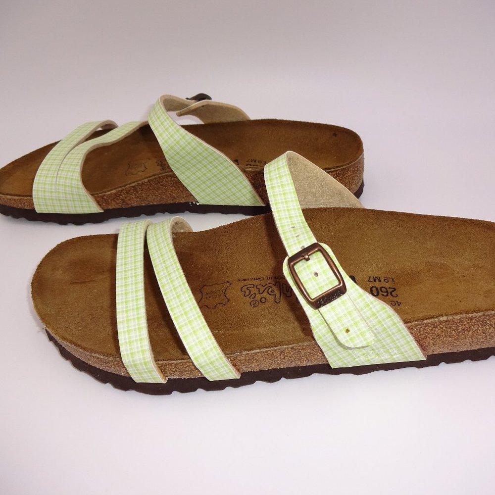Womens Green White Plaid Birkenstock Birkis Birki's Sandals 40 9 Triple Strap - Picture 4 of 8